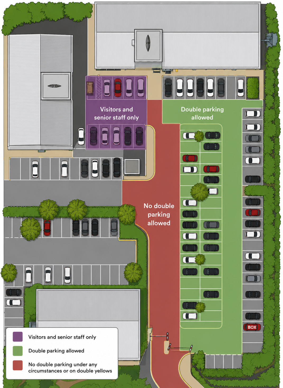 Map of the Leeds office car park, showing visitor and senior staff bays, double-parking zones, and no-double-parking areas